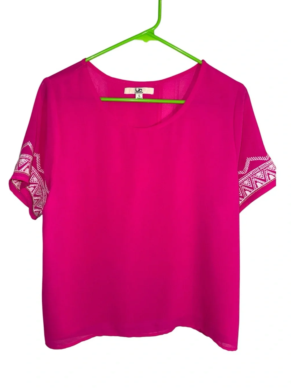 Ya Los Angeles Silk Split Back Hot Pink, Boho Top, Embroidered Sleeve Trim Nwot